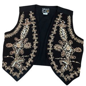 Vintage JouJou Boho Embroidered Beaded Festival Vest Black